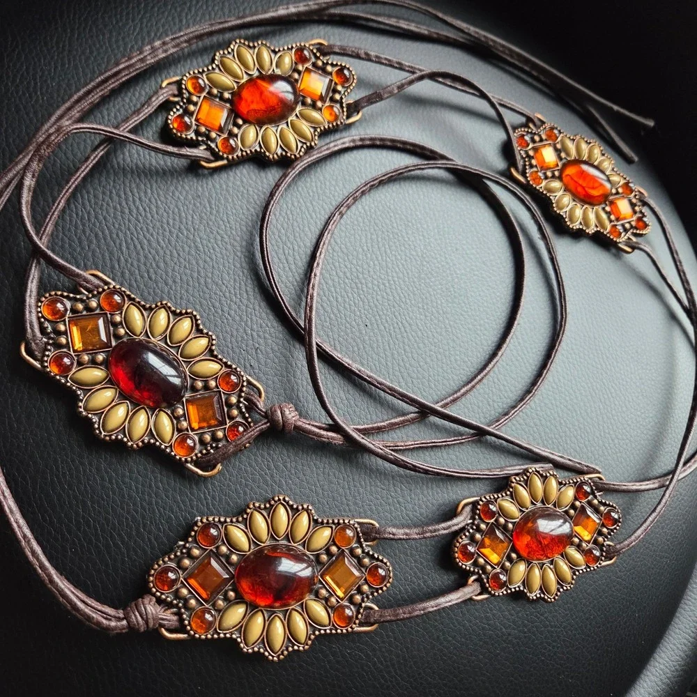Boho Amber Stone Medallion Tie Belt Brown Faux Leather Western Festival Waist 28